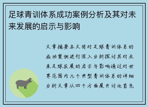 足球青训体系成功案例分析及其对未来发展的启示与影响 足球青训体系成功案例分析及其对未来发展的启示与影响